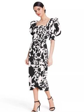 Christopher John Rogers Target Floral Puff Sleeve Faux Wrap Dress BLACK Size 10
